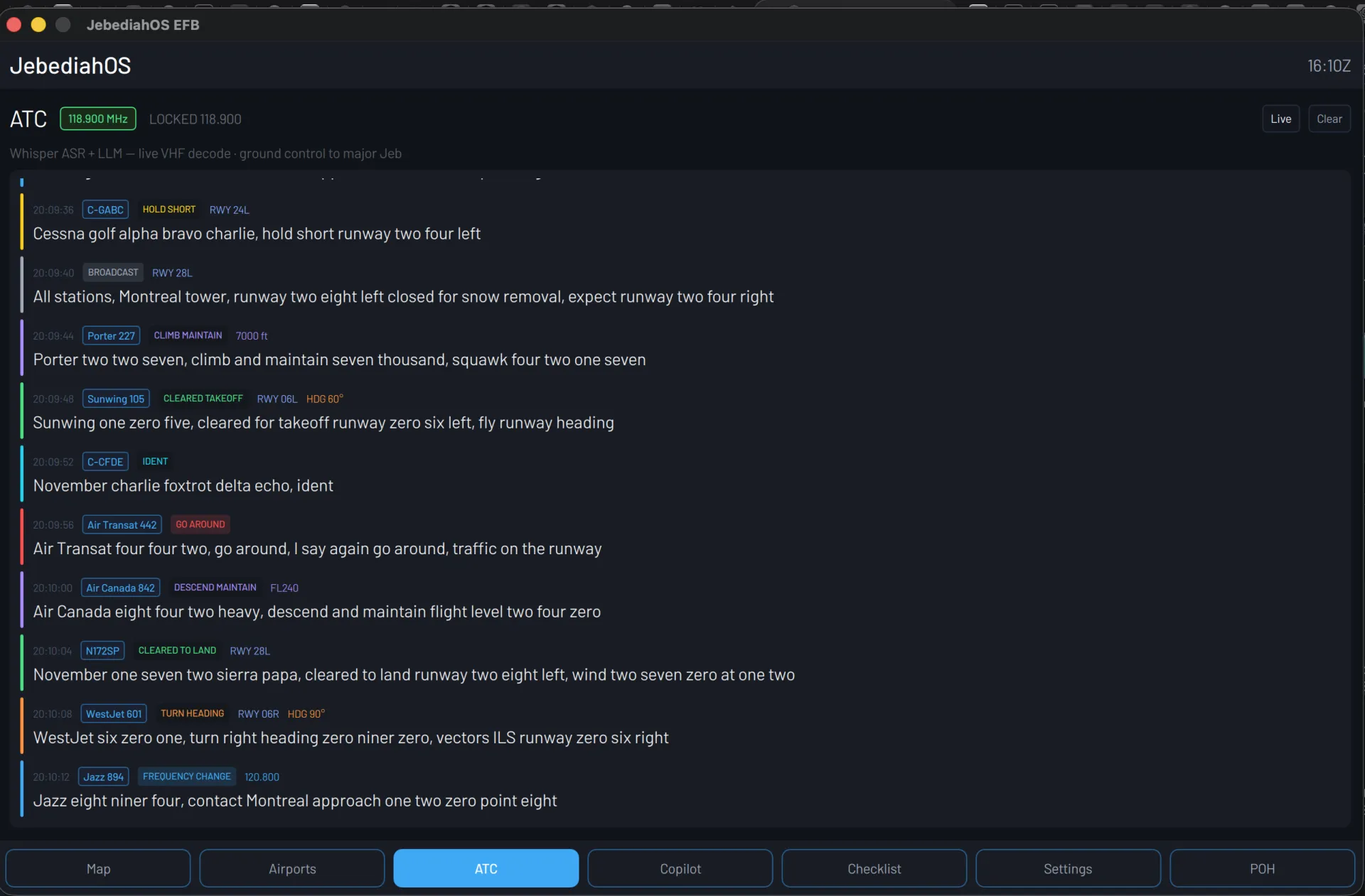 Live ATC transcription with highlighted callsigns and clearances