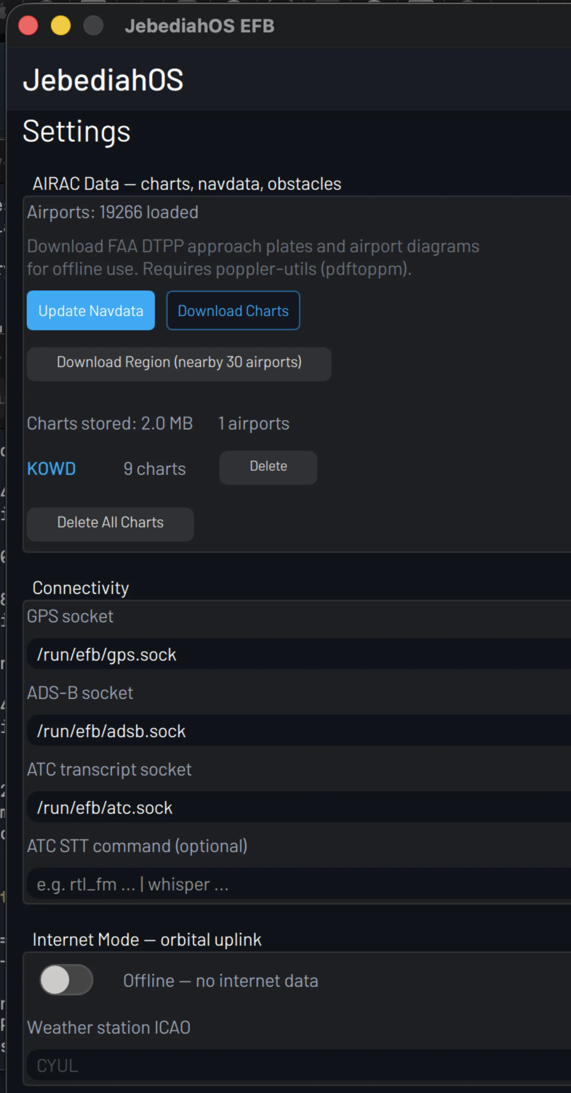 Settings — AIRAC data, navdata downloads, socket config
