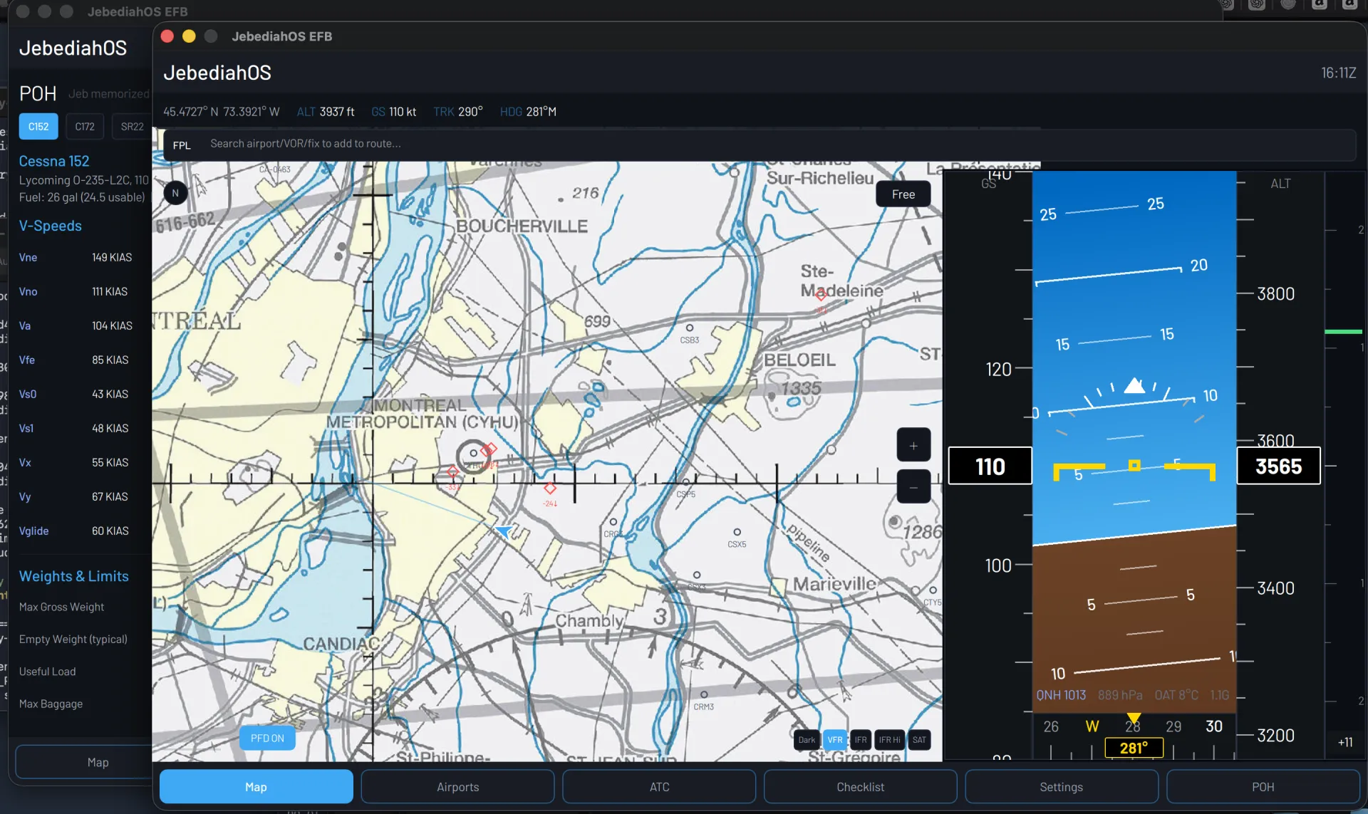 Split view — POH sidebar with VFR map and attitude indicator